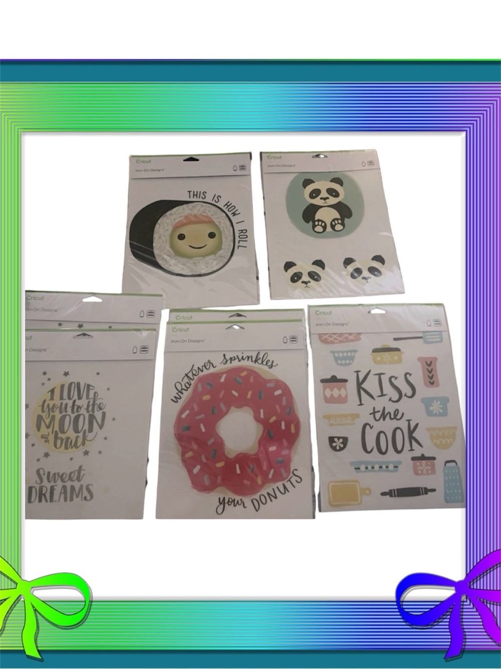 Cricut Iron-On Designs Lot of 5 HTV Transfers Sushi Panda Donut Moon Kitchen NEW